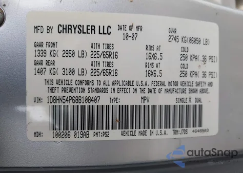 2008 Dodge Grand Caravan Sxt from USA, damaged, VIN 1D8HN54P68B108407